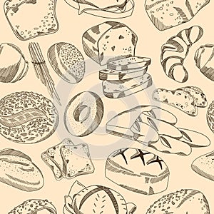 Vector hand drawn seamless pattern of bakery products