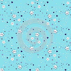 Vector hand drawn seamless pattern. Cute background with smiling stars. Night sky, baby print in light blue colors for