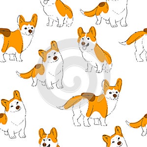 Vector hand-drawn seamless pattern with cute corgi isolated on a white background. Endless texture with spotted dogs in sketch