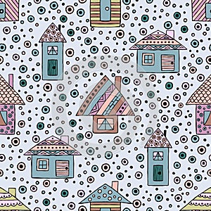 Vector hand drawn seamless pattern decorative stylized childish houses Doodle style, graphic illustration Ornamental cute