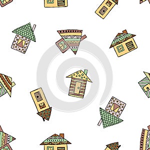 Vector hand drawn seamless pattern, decorative stylized childish houses Doodle style, graphic illustration Ornamental cute hand dr