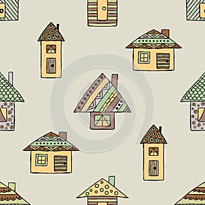 Vector hand drawn seamless pattern, decorative stylized childish houses Doodle style, graphic illustration Ornamental cute hand dr