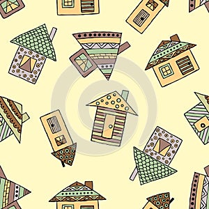 Vector hand drawn seamless pattern, decorative stylized childish houses Doodle style, graphic illustration Ornamental cute hand dr