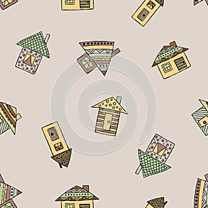 Vector hand drawn seamless pattern, decorative stylized childish houses Doodle style, graphic illustration Ornamental cute hand dr