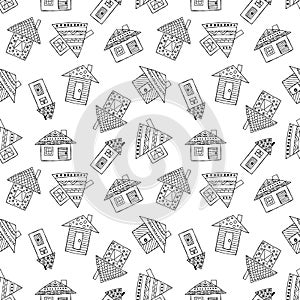 Vector hand drawn seamless pattern Decorative stylized childish houses Doodle style, graphic illustration Ornamental cute hand dra