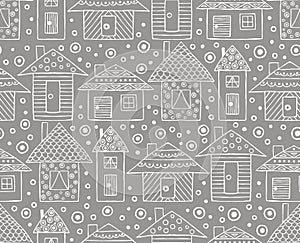 Vector hand drawn seamless pattern, decorative stylized childish houses Line drawing Doodle style, graphic illustration Ornamental