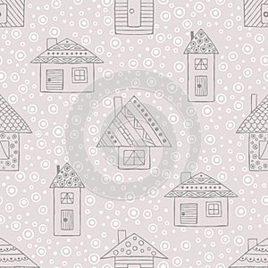 Vector hand drawn seamless pattern, decorative stylized childish houses Line drawing Doodle style, graphic illustration Ornamental