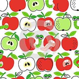 Vector hand drawn seamless pattern in a doodle style. Red and green apples and caterpillar on dark background