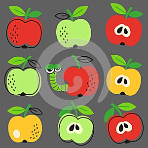 Vector hand drawn seamless pattern in a doodle style. Red, green and yellow apples and caterpillar on dark background