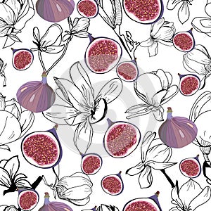 Pattern with fresh ripe delicious figs whole and half and magnolia flower