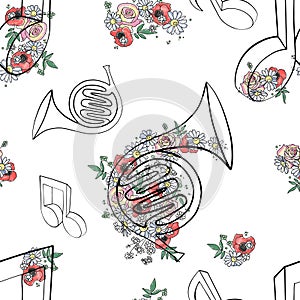 Vector hand drawn seamless pattern, graphic illustration of french horn with flowers, leaves Sketch drawing, doodle style.