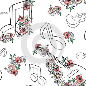 Vector hand drawn seamless pattern, graphic illustration of guitar with flowers, leaves Sketch drawing, doodle style. Artistic