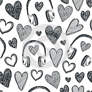 Vector hand drawn seamless pattern. Hearts, retro headphones, music background. Black and white doodle