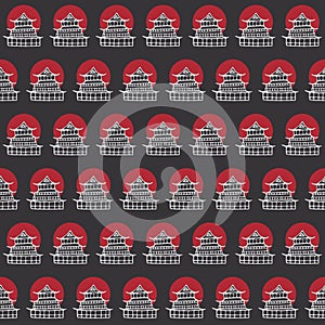 Vector hand drawn seamless pattern with japanese temples contourpattern with japanese temples contours and red sun on dark gray ba