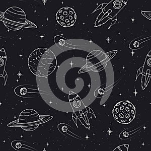 Vector Hand drawn seamless pattern with Jupiter, Mars, Saturn, Neptune planets, moon and flying rockets