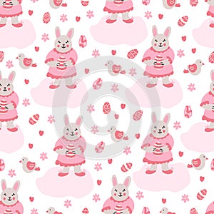 Vector hand drawn seamless pattern with little girl rabbits with Easter eggs