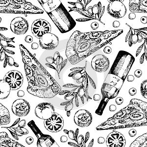 Vector hand drawn seamless pattern of pizza, wine, olives and tomato. Italian food. Hand drawn set of fast food. Vintage