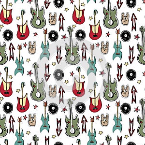 Vector hand drawn seamless pattern. Punk rock attributes, skulls, stars, vinyls, guitars, zombie