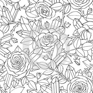 Vector hand drawn seamless pattern of rose flowers with buds, leaves, thorny stems and crystals line art