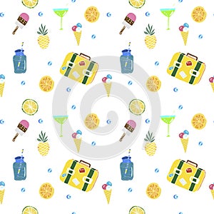 Vector hand drawn seamless pattern. Summer vacation, travel, tropical background with fruits, flamingo, palm leaves, ice cream,
