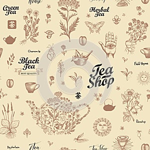 Vector hand-drawn seamless pattern on a tea theme