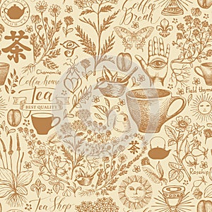 Vector hand-drawn seamless pattern on the tea theme