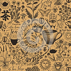 Vector hand-drawn seamless pattern on the tea theme