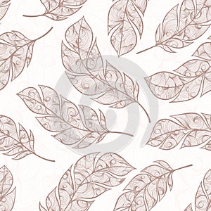 Vector hand drawn seamless patterns with feathers