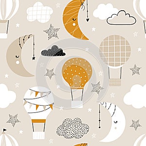 Vector hand-drawn seamless repeating children simple pattern with air balloons, clouds and moons in Scandinavian style