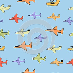 Vector hand-drawn seamless repeating children simple pattern with aircraft in Scandinavian style on a white background