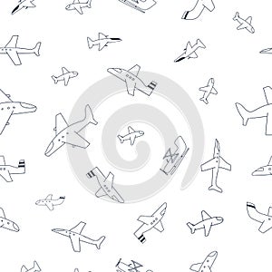 Vector hand-drawn seamless repeating children simple pattern with aircraft in Scandinavian style on a white background