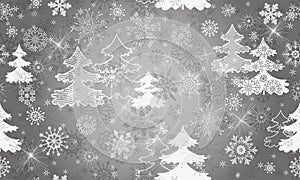 Vector hand drawn seamless winter pattern with glitter snowflakes and trees and stars