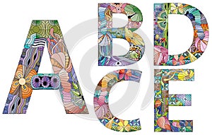 Vector of hand drawn set of Alphabet from A - E in Zentangle style