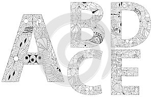 Vector of hand drawn set of Alphabet from A - E in Zentangle style for coloring pages