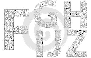 Vector of hand drawn set of Alphabet from F - J in Zentangle style for coloring pages