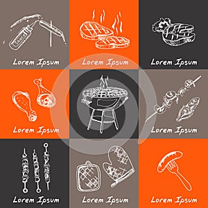 Vector hand drawn set with barbecue tools on black chalkboard.