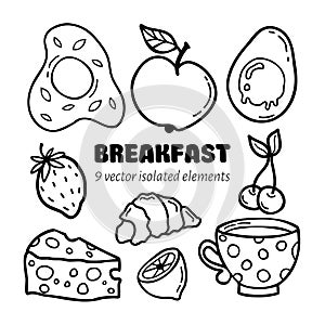 Vector hand drawn set breakfast icons. In doodle style, isolated clipart on a white background.