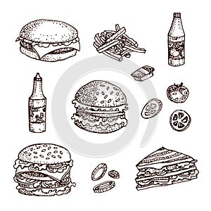 Vector hand drawn set of fast food. Isolated on white. Hamburger, cheeseburger, french fries