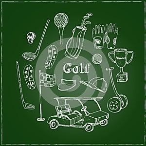 Vector hand drawn set with Golf tools.