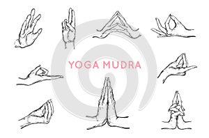 Vector hand drawn set of hands in mudras. Yoga. Spirituality set