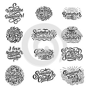 Vector hand drawn set with lettering about Summer. Isolated calligraphy for travel agency, beach party. Great design for