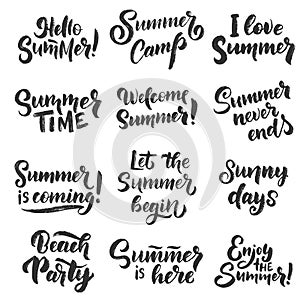 Vector hand drawn set with lettering about Summer. Isolated calligraphy for travel agency, beach party. Great design for