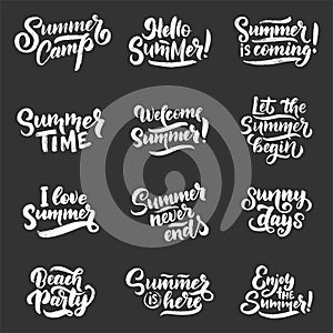Vector hand drawn set with lettering about Summer. Isolated calligraphy for travel agency, beach party. Great design for