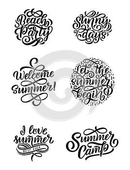 Vector hand drawn set with lettering about Summer. Isolated calligraphy for travel agency, beach party. Great design for