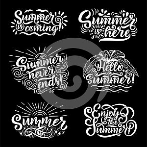 Vector hand drawn set with lettering about Summer. Isolated calligraphy for travel agency, beach party. Great design for