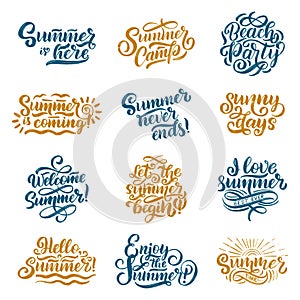 Vector hand drawn set with lettering about Summer. Isolated calligraphy for travel agency, beach party. Great design for