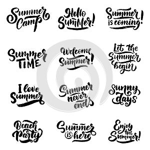 Vector hand drawn set with lettering about Summer. Isolated calligraphy for travel agency, beach party. Great design for postcard,