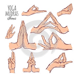 Vector hand drawn set of mudras. Isolated on white. Yoga. Spirituality