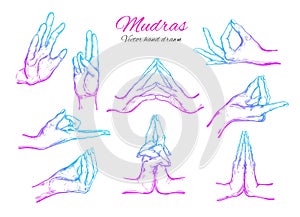 Vector hand drawn set of mudras Isolated on white. Yoga. Spirituality