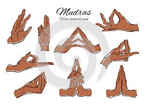 Vector hand drawn set of mudras. Isolated on white. Yoga. Spirituality